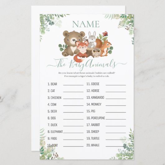 ウッドランド緑のシャワー赤ちゃん動物の名前ゲーム (正面/裏面)