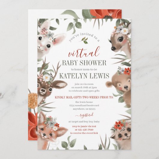 ウッドランド緑のバーチャルベビーシャワー 招待状 (正面/裏面)
