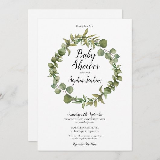 ウッドランド緑のユーカリのスクリプト赤ちゃんシャワー 招待状 (正面/裏面)