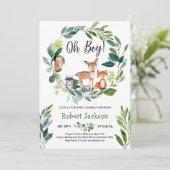 ウッドランド緑のリース動物ああ男の子のベビー 招待状 (スタンド正面)