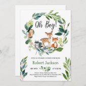 ウッドランド緑のリース動物ああ男の子のベビー 招待状 (正面/裏面)