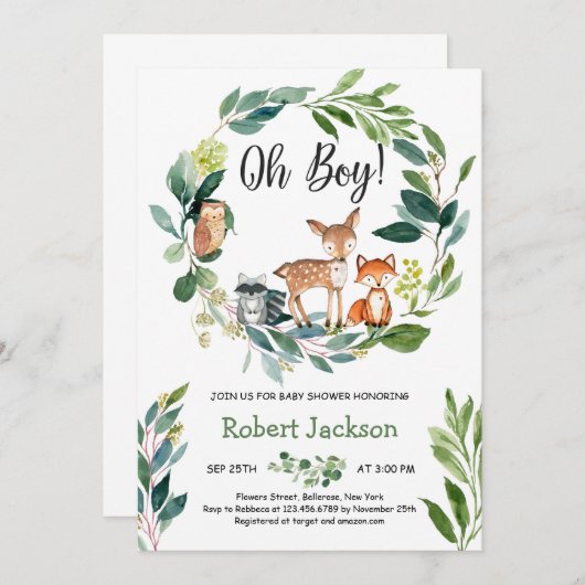 ウッドランド緑のリース動物ああ男の子のベビー 招待状 (正面/裏面)