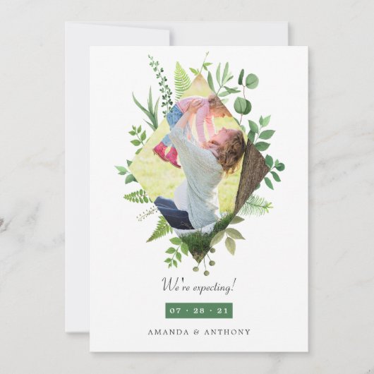 ウッドランド緑の写真妊娠の発表 案内状 (正面)
