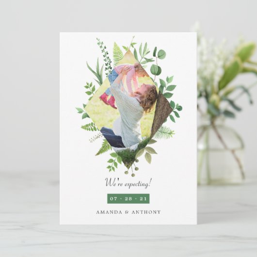 ウッドランド緑の写真妊娠の発表 案内状 (スタンド正面)