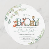 ウッドランド緑の赤ちゃんシャワー少年の招待 サンキューカード (正面/裏面)