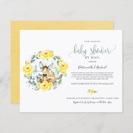 ウッドランド緑の赤ちゃんシャワーbyメール招待状 (正面/裏面)