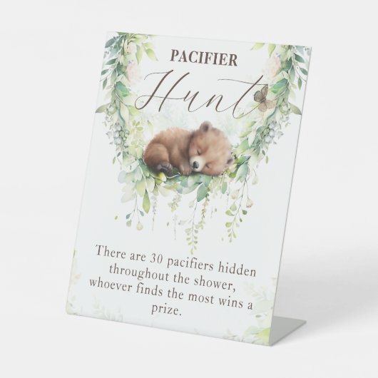 ウッドランド緑ベビーシャワーおしゃぶり狩りゲーム 台座サイン (正面)