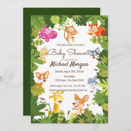 ウッドランド葉、、森林動物の赤ちゃんシャワー 招待状 (正面/裏面)