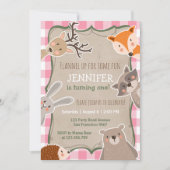 ウッドランド誕生日招待状ランバージャックガールピンク 招待状 (正面)