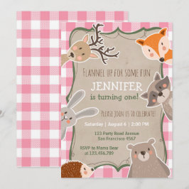 ウッドランド誕生日招待状ランバージャックガールピンク 招待状