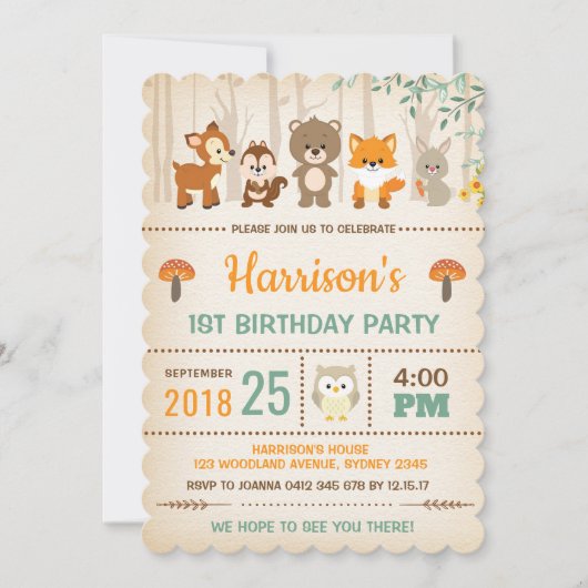 ウッドランド誕生日招待状森林動物パーティー 招待状 (正面)