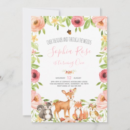 ウッドランド誕生日招待状森林動物パーティー 招待状 (正面)