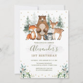 ウッドランド誕生日森林動物緑の金ゴールド 招待状 (正面)