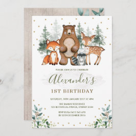 ウッドランド誕生日森林動物緑の金ゴールド 招待状
