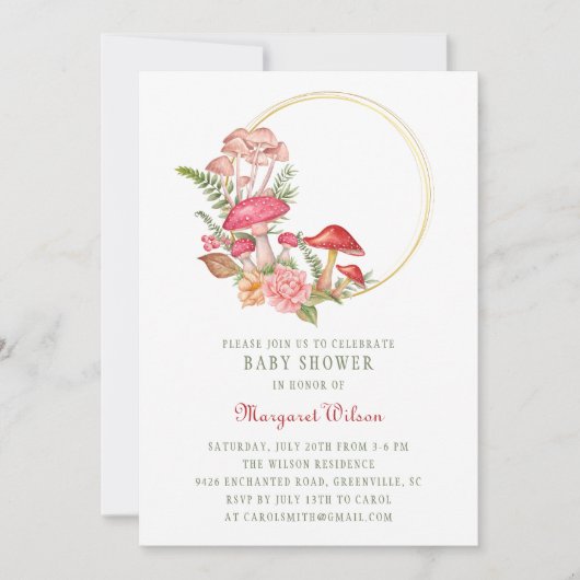ウッドランド赤い水の色キノコの赤ちゃんシャワー 招待状 (正面)