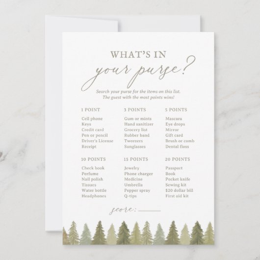 ウッドランド赤ちゃんシャワーあなたの財布のゲームの中にあるものを 招待状 (正面)