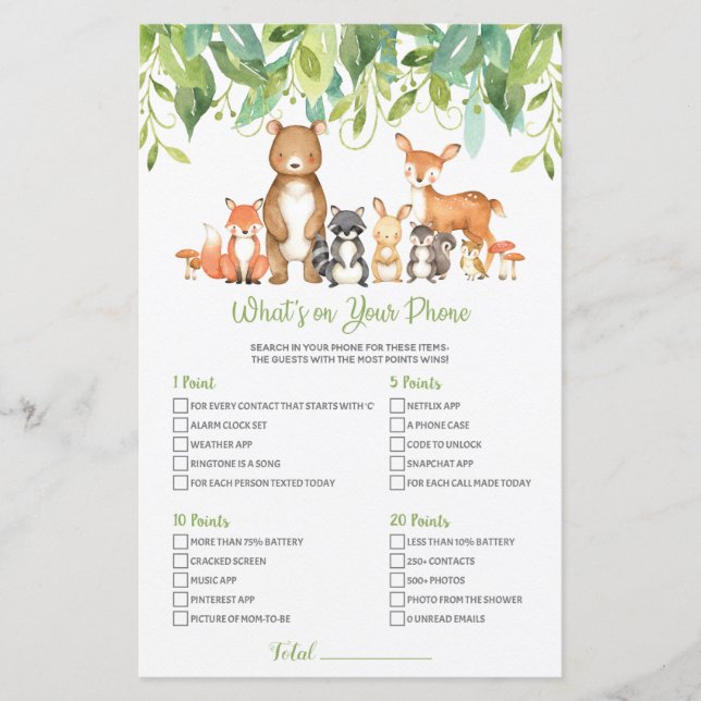 ウッドランド赤ちゃんシャワーあなたの電話ゲームの何 (正面)