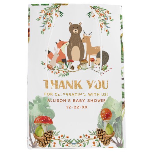 ウッドランド赤ちゃんシャワーありがとう ミディアムペーパーバッグ (正面)