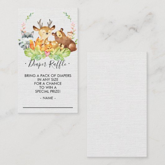 ウッドランド赤ちゃんシャワーおむつラッフルチケット エンクロージャーカード (正面/裏面)