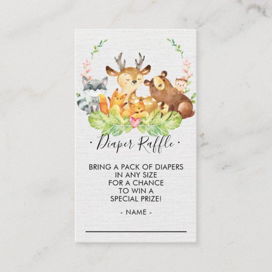 ウッドランド赤ちゃんシャワーおむつラッフルチケット エンクロージャーカード (正面)
