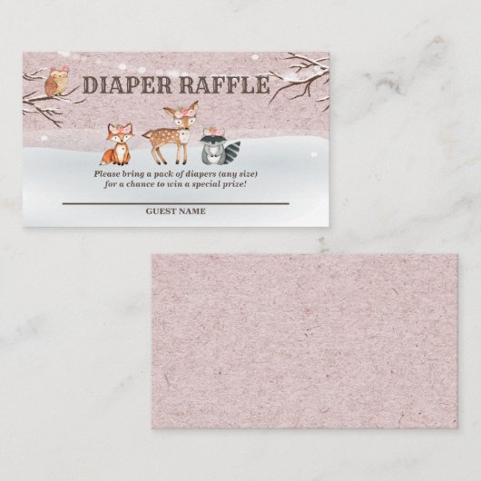 ウッドランド赤ちゃんシャワーおむつラッフルチケット エンクロージャーカード (正面/裏面)