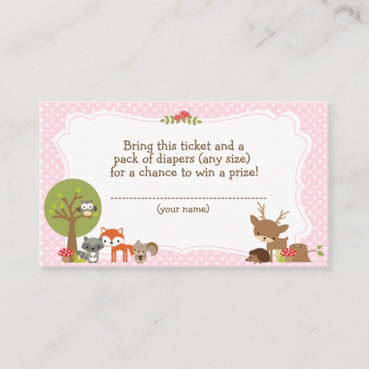 ウッドランド赤ちゃんシャワーおむつラッフルピンクチケット エンクロージャーカード (正面)