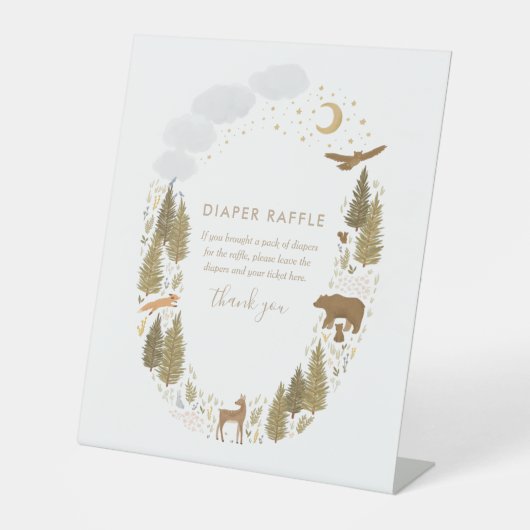 ウッドランド赤ちゃんシャワーおむつラッフル 台座サイン (正面)