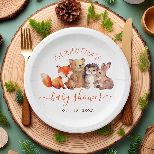 ウッドランド赤ちゃんシャワーかわいい森林動物の赤いスクリプト ペーパープレート