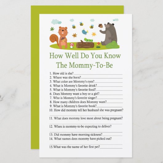 ウッドランド赤ちゃんシャワーのゲームをどれだけ知っているか (正面/裏面)