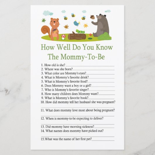 ウッドランド赤ちゃんシャワーのゲームをどれだけ知っているか (正面)