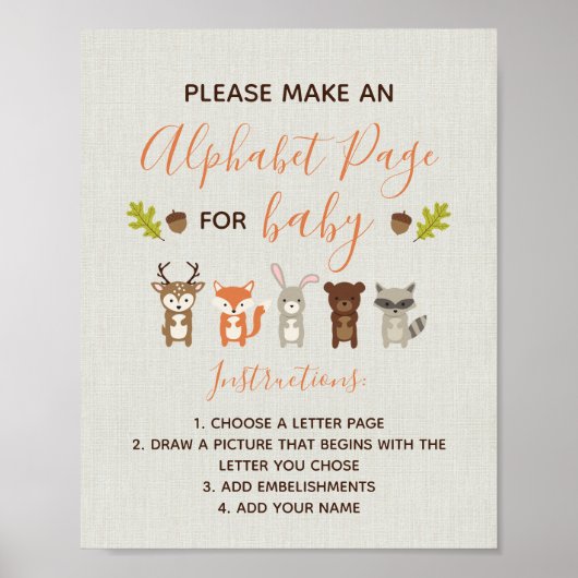 ウッドランド赤ちゃんシャワーのサイン – アルファベットページ ポスター (正面)