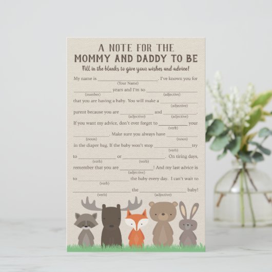 ウッドランド赤ちゃんシャワーアドバイスゲームカード (スタンド正面)