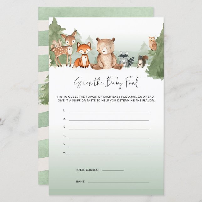 ウッドランド赤ちゃんシャワーゲーム推測ベビー食品 (正面/裏面)
