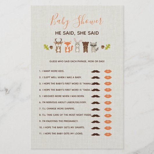 ウッドランド赤ちゃんシャワーゲーム – 彼は彼女は言った (正面)