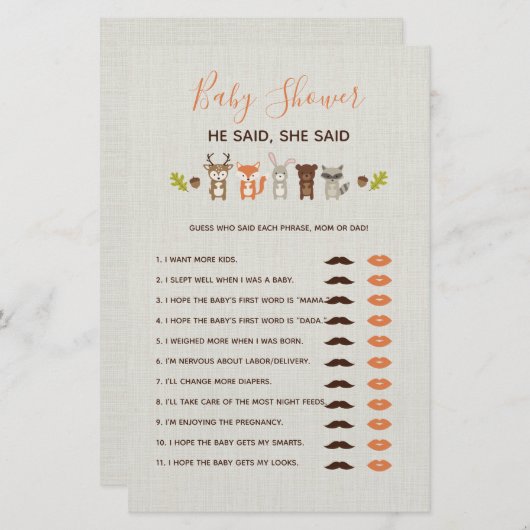 ウッドランド赤ちゃんシャワーゲーム – 彼は彼女は言った (正面/裏面)