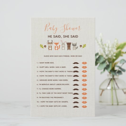 ウッドランド赤ちゃんシャワーゲーム – 彼は彼女は言った (スタンド正面)