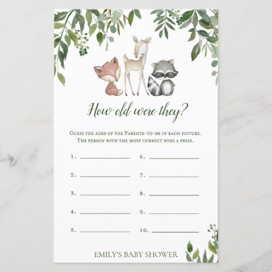 ウッドランド赤ちゃんシャワーゲーム – 彼らは何歳だった (正面)