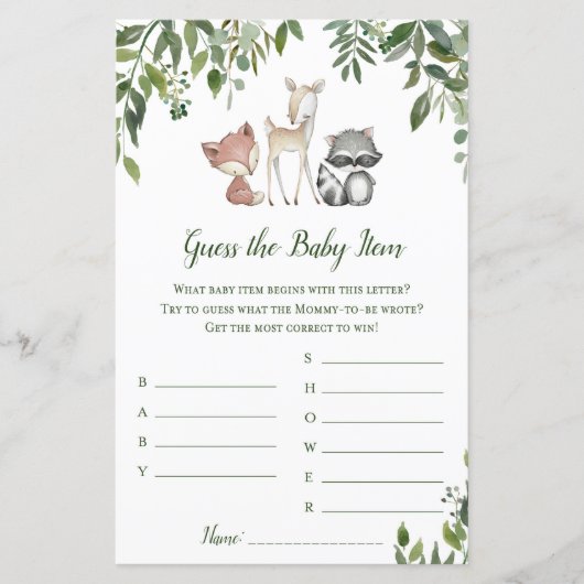 ウッドランド赤ちゃんシャワーゲーム – 推測ベビー項目 (正面)