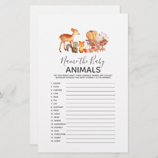 ウッドランド赤ちゃんシャワーゲーム – 赤ちゃん動物の名前 (正面/裏面)
