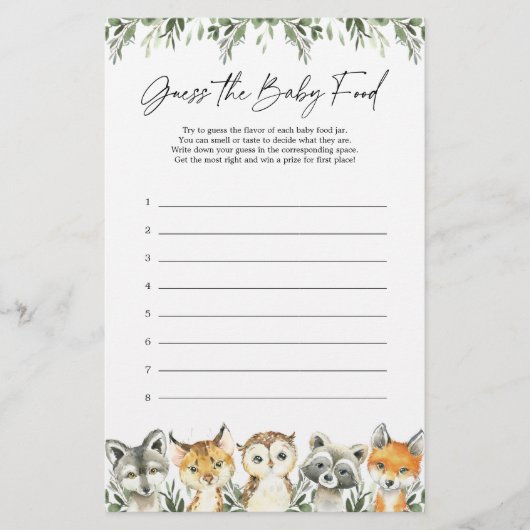 ウッドランド赤ちゃんシャワーベビー食べ物ゲームを推測 (正面)