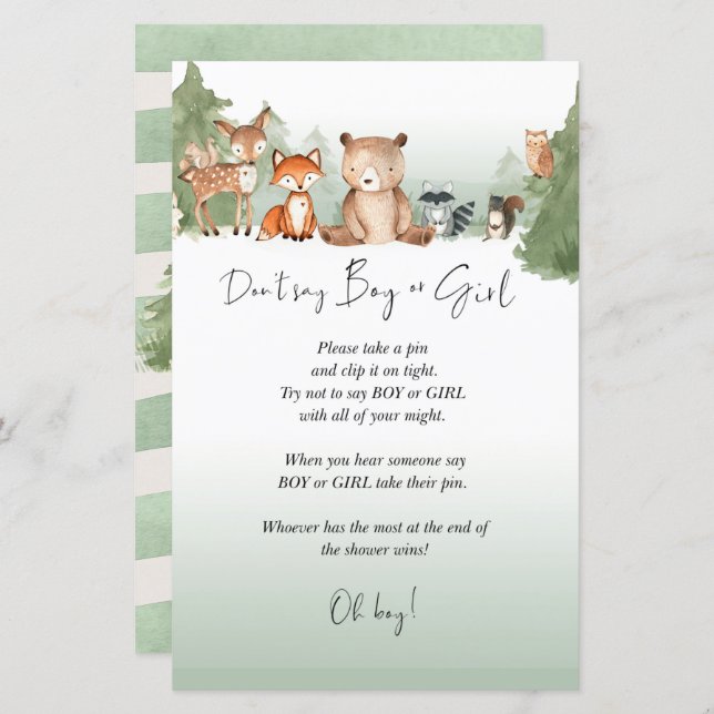 ウッドランド赤ちゃんシャワーミニサイン少年または少女 (正面/裏面)