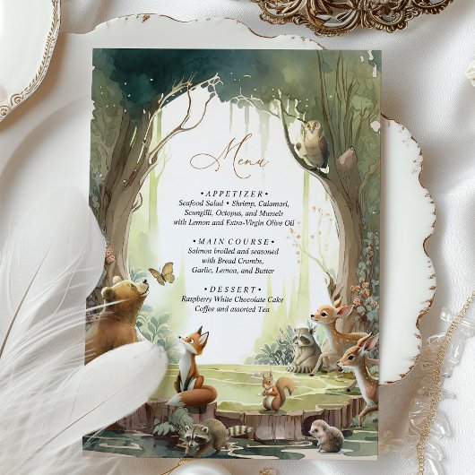 ウッドランド赤ちゃんシャワーメニューカード森林動物 エンクロージャーカード