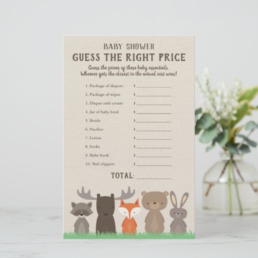 ウッドランド赤ちゃんシャワー価格は正しいゲームカード (スタンド正面)