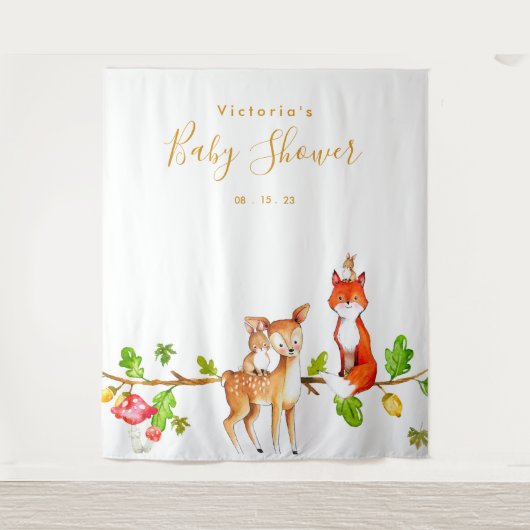 ウッドランド赤ちゃんシャワー写真ブース背景 タペストリー (正面)