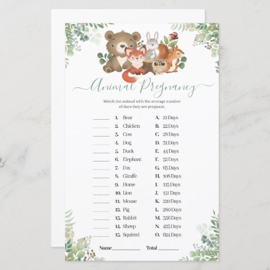 ウッドランド赤ちゃんシャワー動物妊娠ゲーム (正面/裏面)