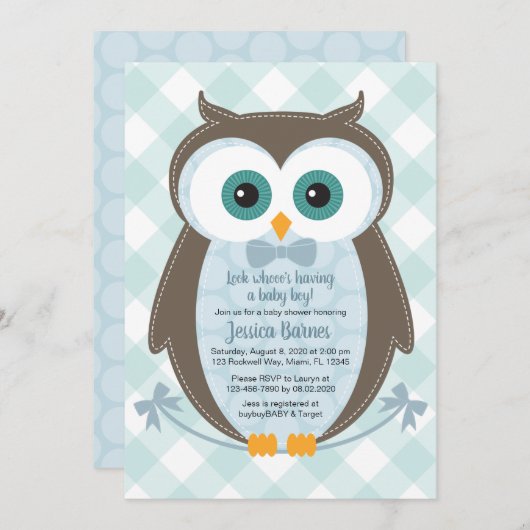 ウッドランド赤ちゃんシャワー招待フクロウ男の子ブルーブラウン 招待状 (正面/裏面)