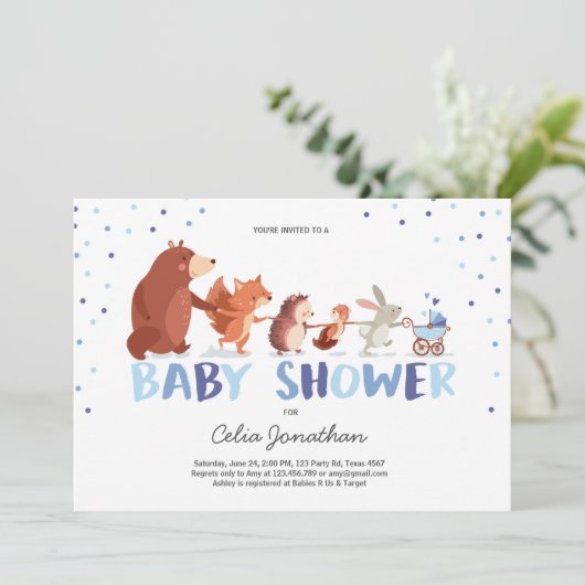 ウッドランド赤ちゃんシャワー招待少年の森林動物 招待状 (スタンド正面)