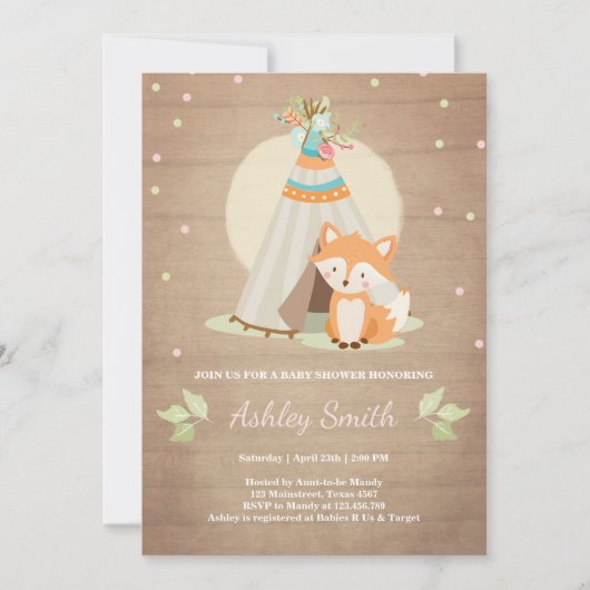 ウッドランド赤ちゃんシャワー招待状キツネテペピンクガール 招待状 (正面)