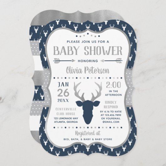 ウッドランド赤ちゃんシャワー招待状、ネイビー、グレー 招待状 (正面/裏面)