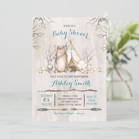 ウッドランド赤ちゃんシャワー招待状、ベアーボーイ 招待状 (スタンド正面)